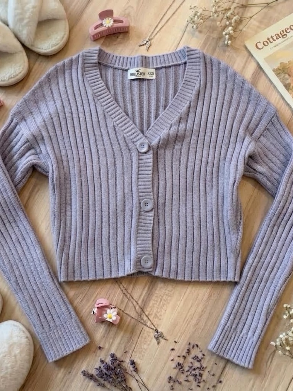 Hollister Cropped Lavender Ribbed Button Cardigan